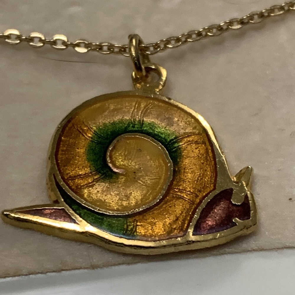 NEW Cloisonné Snail Necklace peach green gold